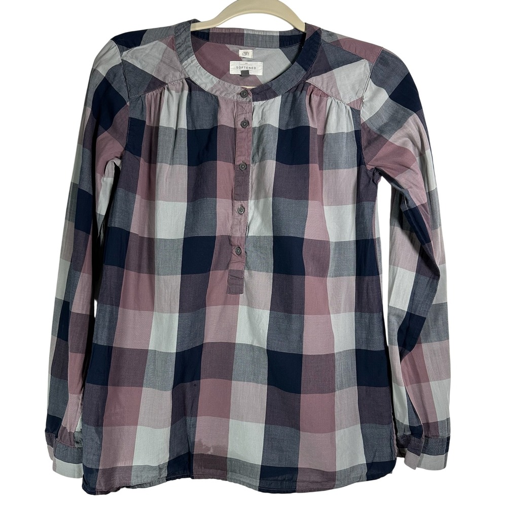 Loft Softened Shirt Womens XS Purple Navy Plaid Long Sleeve Cotton Henley